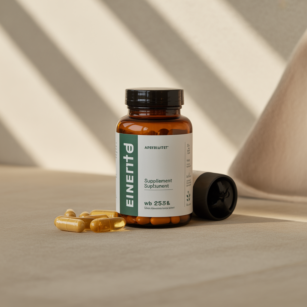 Amber supplement bottle with capsules on a neutral surface